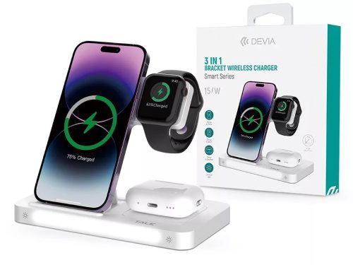 Devia Smart Series 3 az 1-ben vezeték nélküli töltőállvány iPhone-hoz, Apple Watch-hoz és AirPods-hoz, éjjeli fénnyel