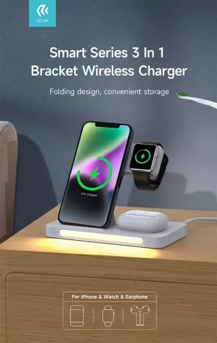 Devia Smart Series 3 az 1-ben vezeték nélküli töltőállvány iPhone-hoz, Apple Watch-hoz és AirPods-hoz, éjjeli fénnyel