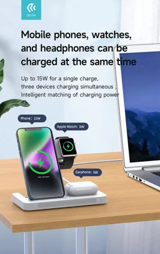 Devia Smart Series 3 az 1-ben vezeték nélküli töltőállvány iPhone-hoz, Apple Watch-hoz és AirPods-hoz, éjjeli fénnyel