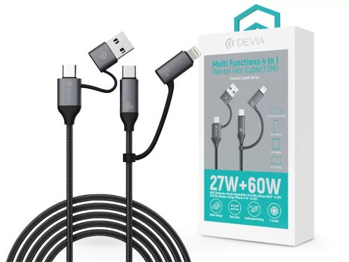 Devia 4 az 1-ben gyorstöltő kábel – USB-A & USB-C bemenet, Lightning & USB-C kimenet, 60W, 1.5m, fonott nylon