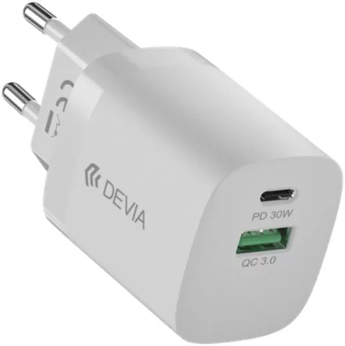 Devia Smart Series 30W GaN hálózati gyorstöltő adapter – USB-C + USB-A, fehér