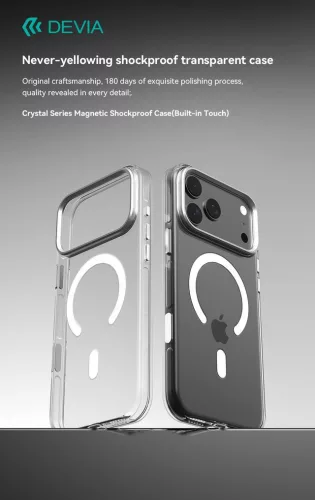 Devia Crystal Series Magnetic 360° kameravédős ütésálló tok - Apple iPhone 17 Pro / 18 Pro - átlátszó