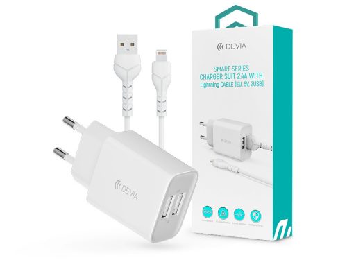 Devia Smart 2xUSB hálózati töltő adapter + USB - Lightning USB kábel 1 m-es vezetékkel - 12W - Devia Smart Series Charger Suit With Lightning Cable - fehér