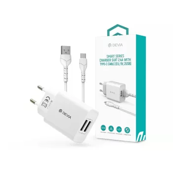   Devia 2xUSB hálózati töltő adapter + USB - Type-C kábel 1 m-es vezetékkel - 12W - Devia Smart Series Charger Suit With Type-C Cable - fehér