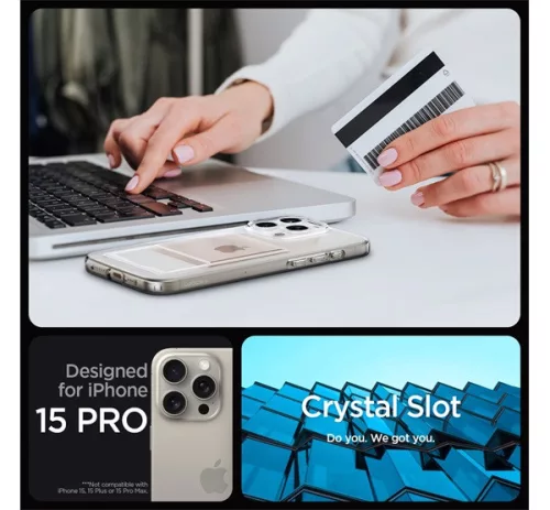 Spigen Crystal Slot Apple iPhone 15 Pro tok kártyatartóval, Crystal Clear, átlátszó