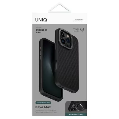 Uniq Keva Apple iPhone 16 Pro Magsafe hátlap tok kameravédő peremmel, kitámszatóval, karbon fekete