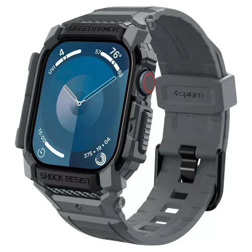 Apple Watch 10-11 (46 mm), Szilikon védőkeret, ütésálló, szíjjal, Spigen Rugged Armor Pro, sötétszürke
