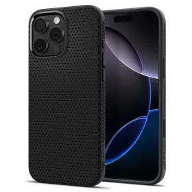   Apple iPhone 16 Pro, Szilikon tok, Magsafe töltővel kompatibilis, háromszög minta, érintő funkciós gombfedéllel, Spigen Liquid Air "T" Mag, fekete