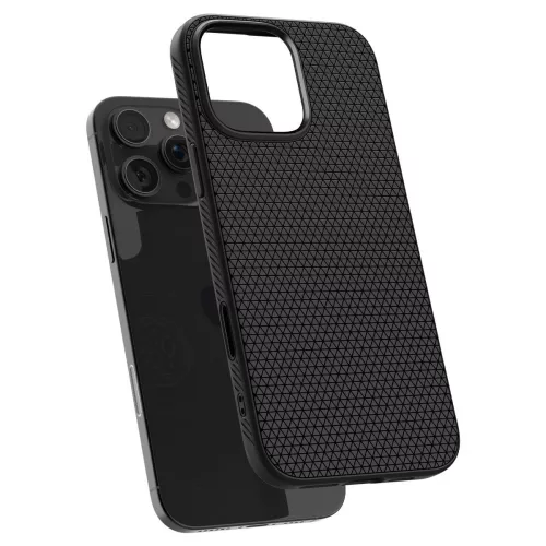 Apple iPhone 16 Pro, Szilikon tok, Magsafe töltővel kompatibilis, háromszög minta, érintő funkciós gombfedéllel, Spigen Liquid Air "T" Mag, fekete