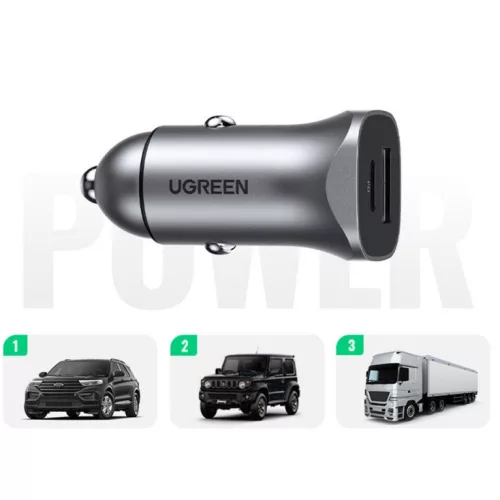 Ugreen CD130 USB-C-USB-A autós töltő, 3A, 30W, szürke