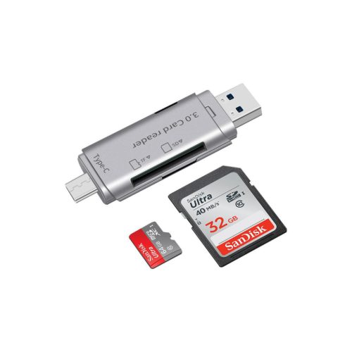 Kétcsatlakozós USB 3.0 + Type-C kártyaolvasó SD és microSD memóriakártyákhoz