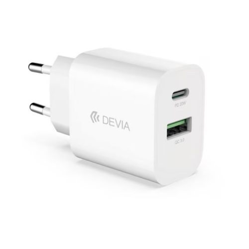 Devia Smart hálózati gyorstöltő adapter – Type-C + USB kimenettel, 20W PD + QC támogatással