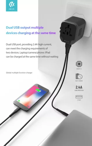 Devia többfunkciós globális hálózati töltő utazó adapter (UK/EU/USA/USA/Japán/AU)