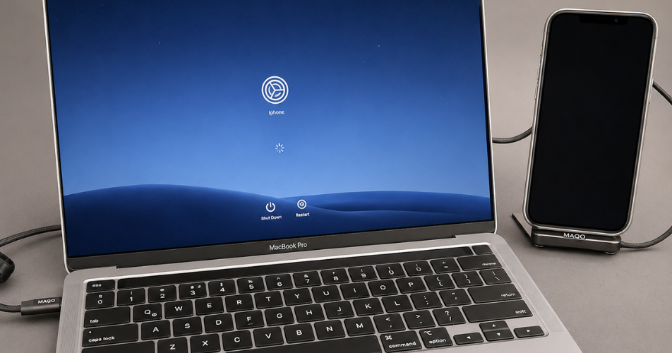 MAQO FlexStand USB-C kábel MacBook és iPhone használatával
